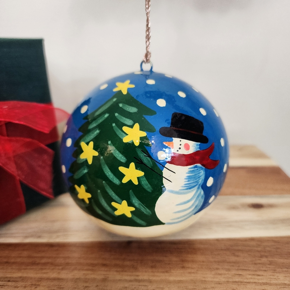 Hand Painted Paper Mache (?) Christmas Snowman Ball Ornament with Box